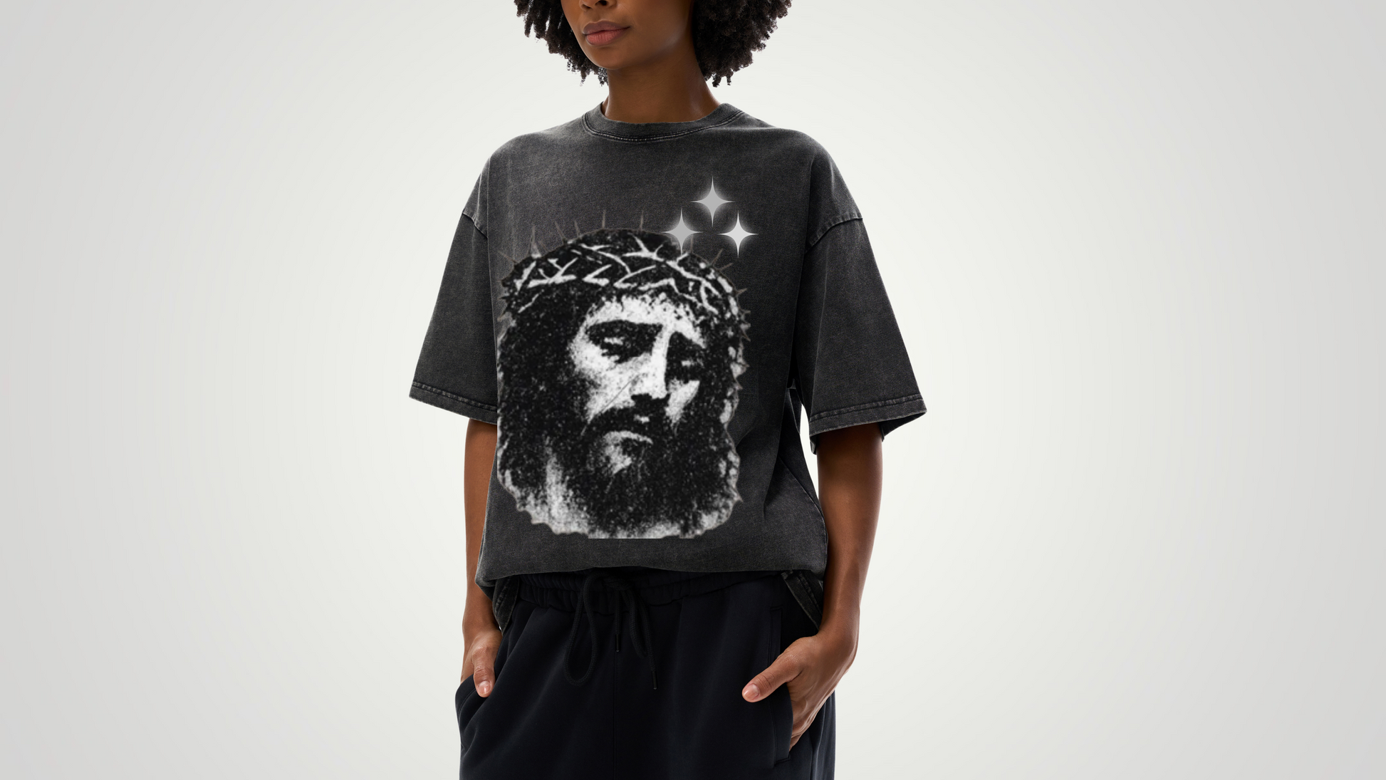 Jesus Christ illustration acid wash oversize tee - ThornsofVictory