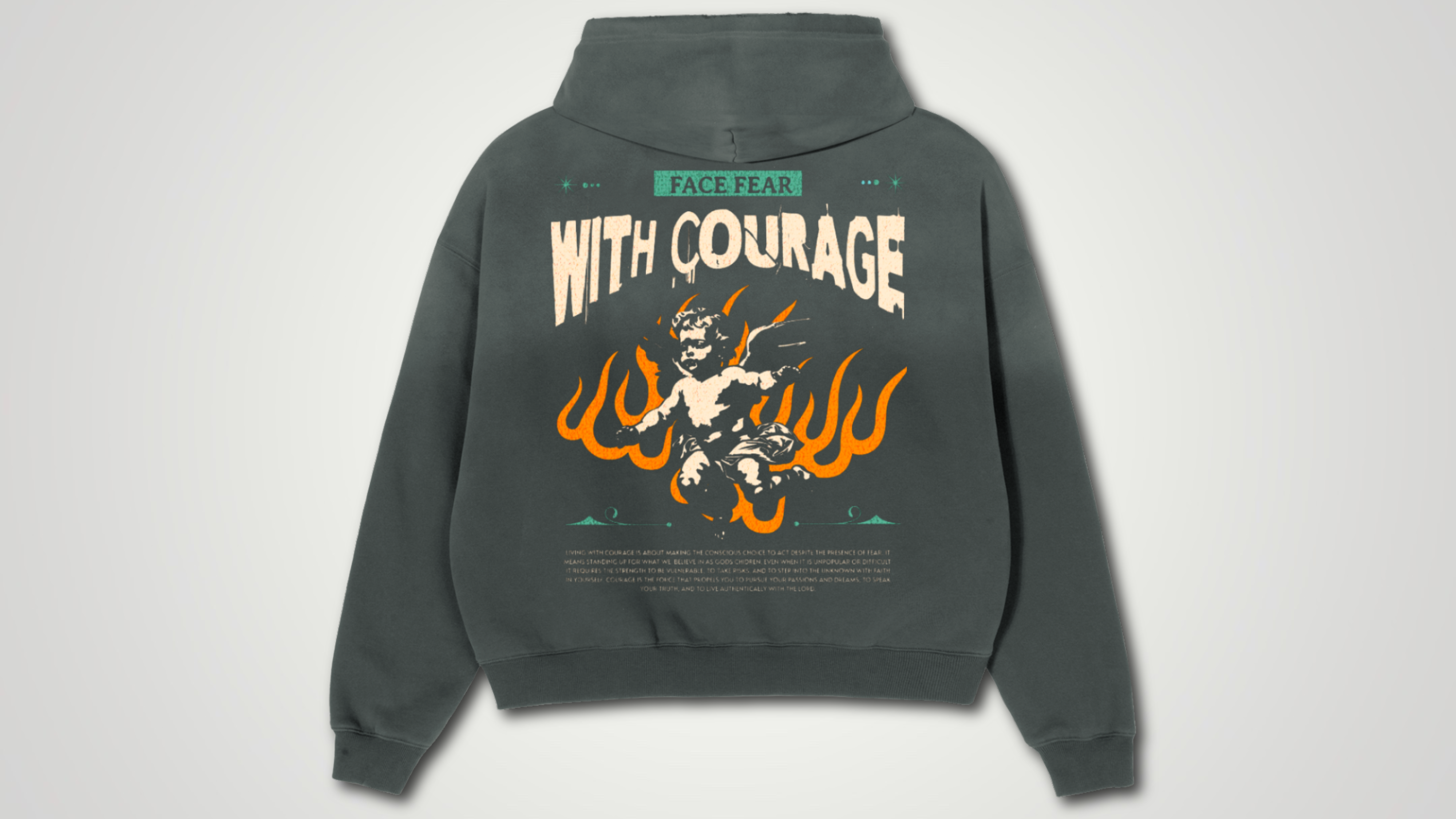Face fear with courage frayed sunfade boxy hoodie ODMPOD